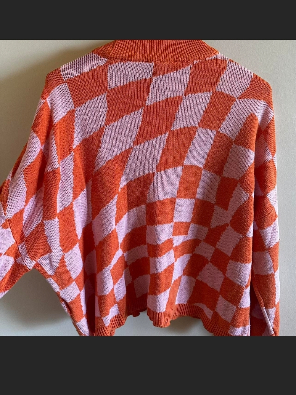 Bar III Pink and Orange Checkerboard Crewneck Sweater